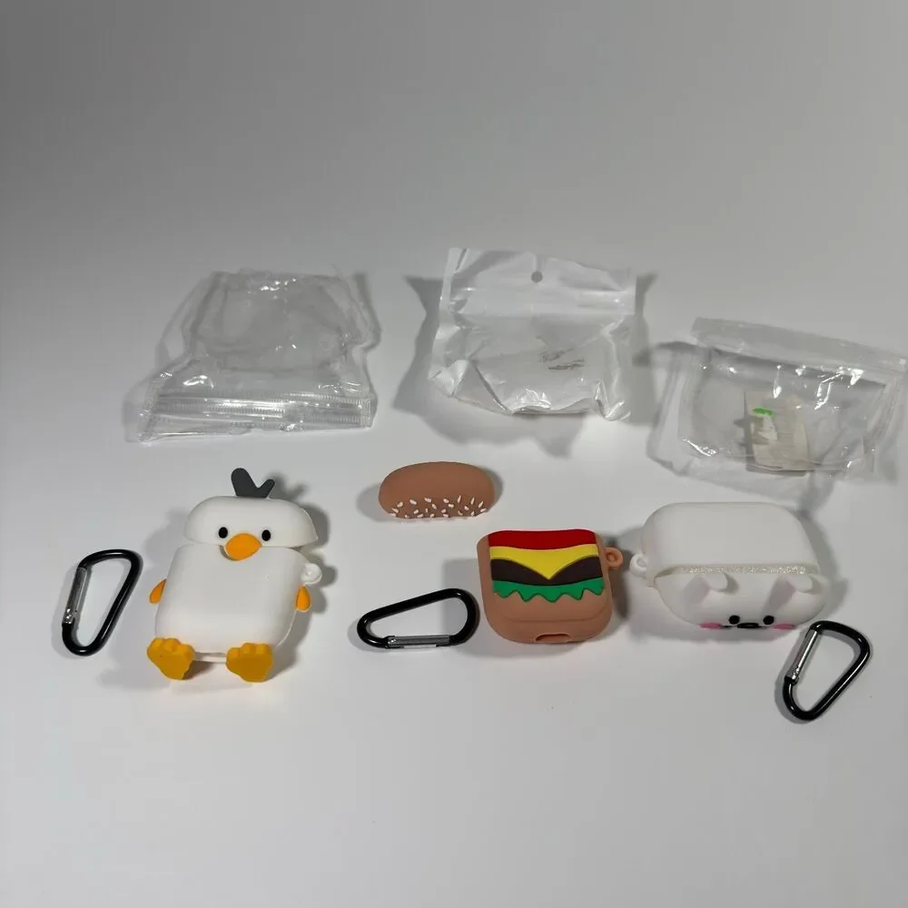 Lot of 3 Cute 3D Cartoon Silicone Headphone Cases Duck Hamburger Bear Keychain